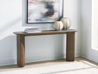 Warm brown wood sofa table with rectangular top and solid end panels