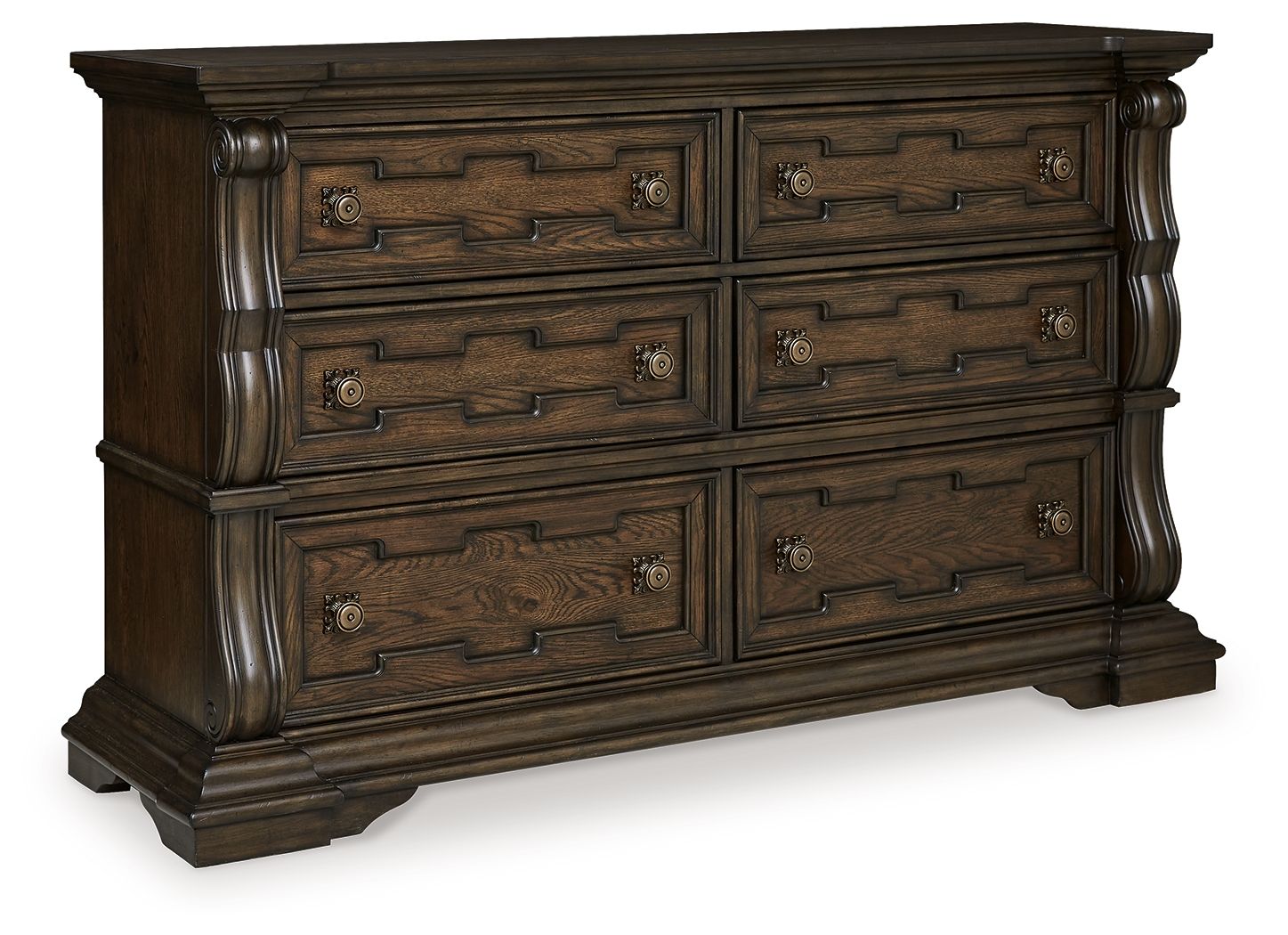 Maylee dark brown dresser with four drawers, carved panels, and round bronze knobs