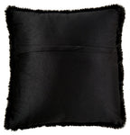 Black faux fur square pillow with fluffy trim around the edge.