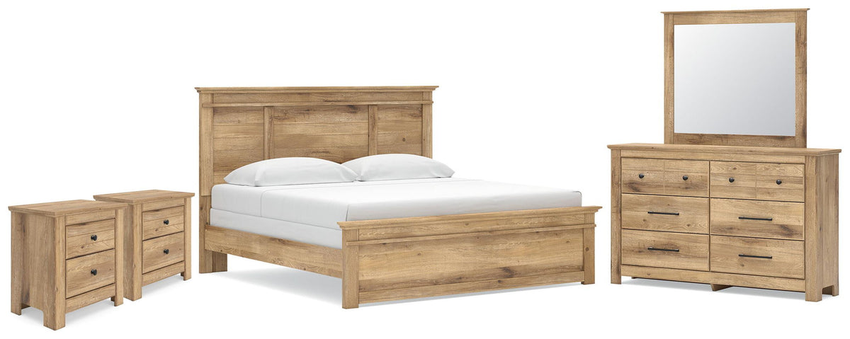 Panel bedroom set with bed, dresser, mirror, and two nightstands in light brown