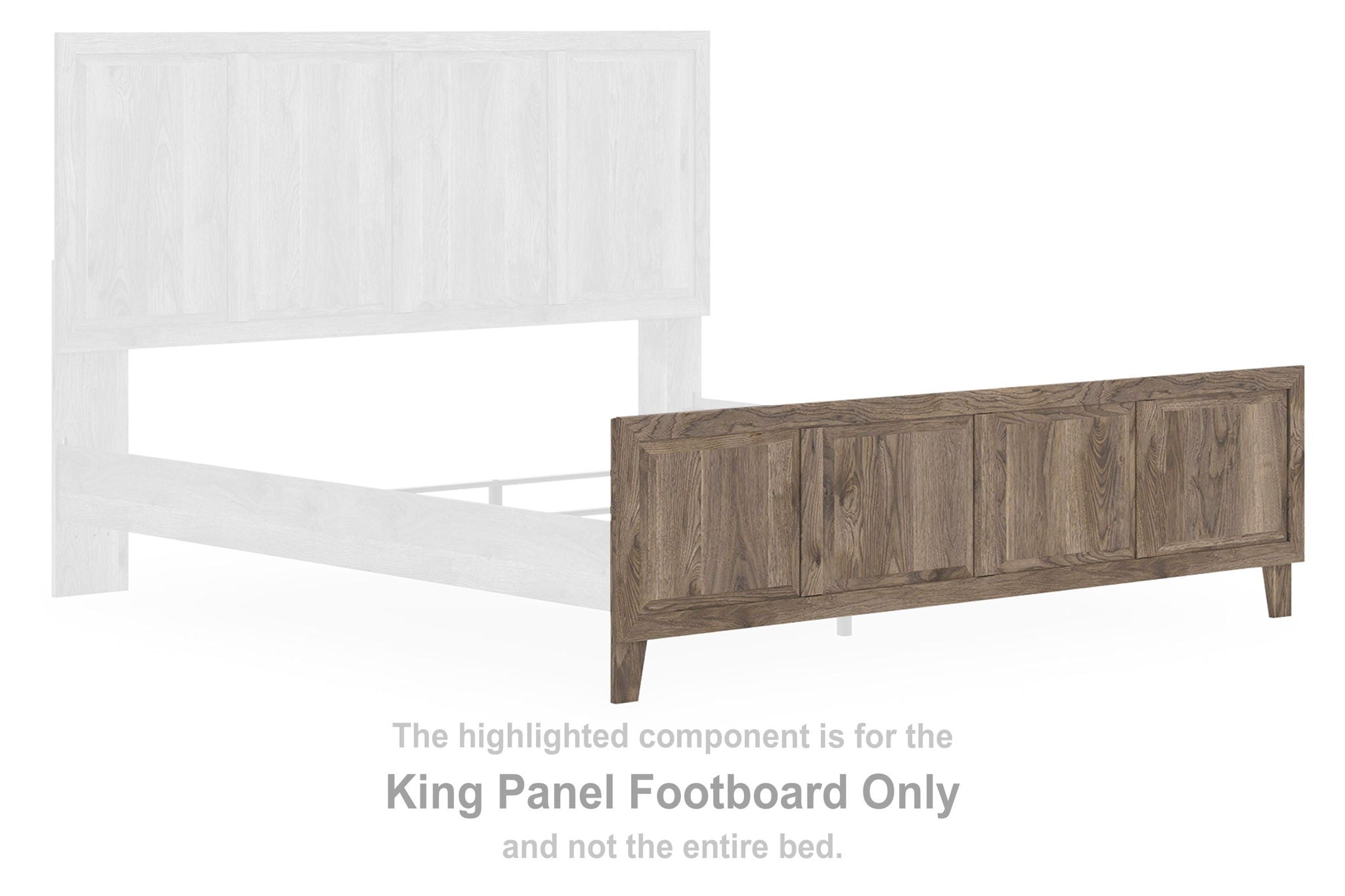 Brown king panel footboard with vertical paneling and raised top rail, wood grain