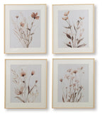 Set of 4 framed botanical prints, beige frames, blush and gray flower illustrations