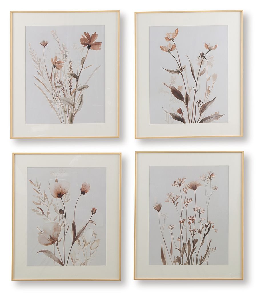 Set of 4 framed botanical prints, beige frames, blush and gray flower illustrations