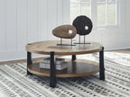 Round two-tier coffee table with light wood top, dark legs, and open lower shelf.