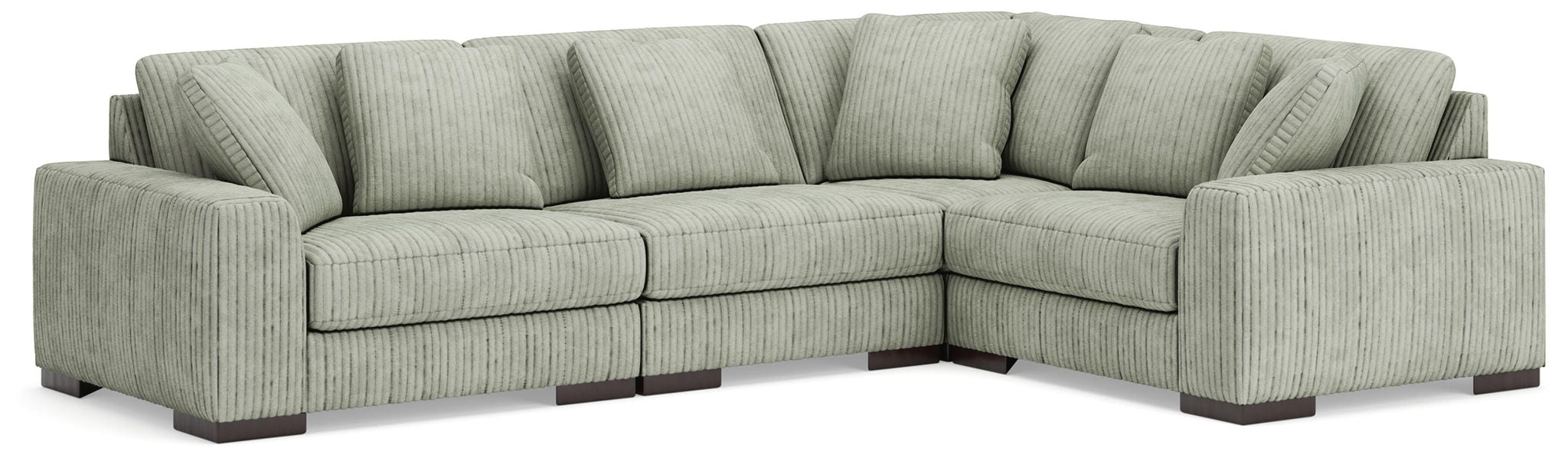 Fog gray sectional sofa with corner chaise and multiple back cushions