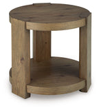 Light brown round end table with curved corner posts and open bottom shelf