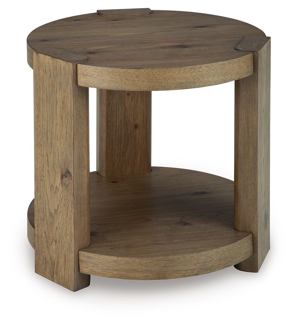 Light brown round end table with curved corner posts and open bottom shelf