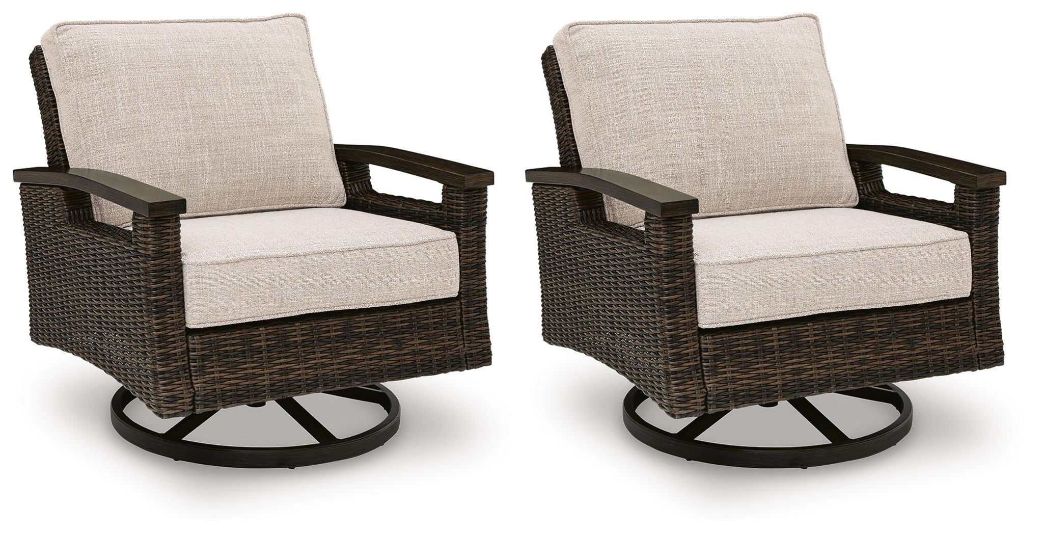 Set of 2 dark brown swivel lounge chairs with beige cushions and curved arms