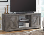 Gray TV stand with fireplace option, two cabinet doors and open media shelf
