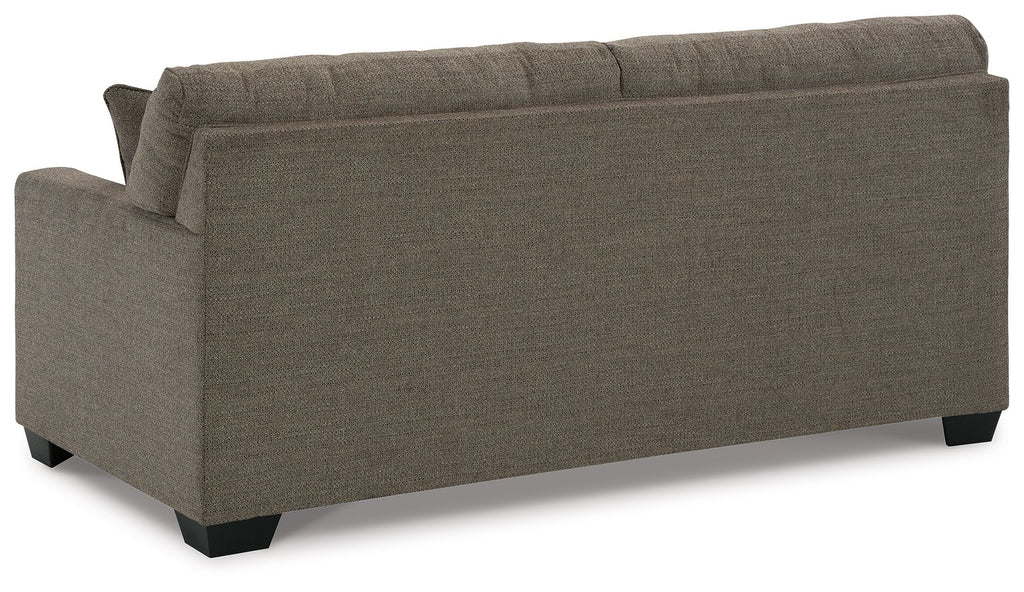 Dark gray fabric sofa with track arms and back panel cushion, dark block feet