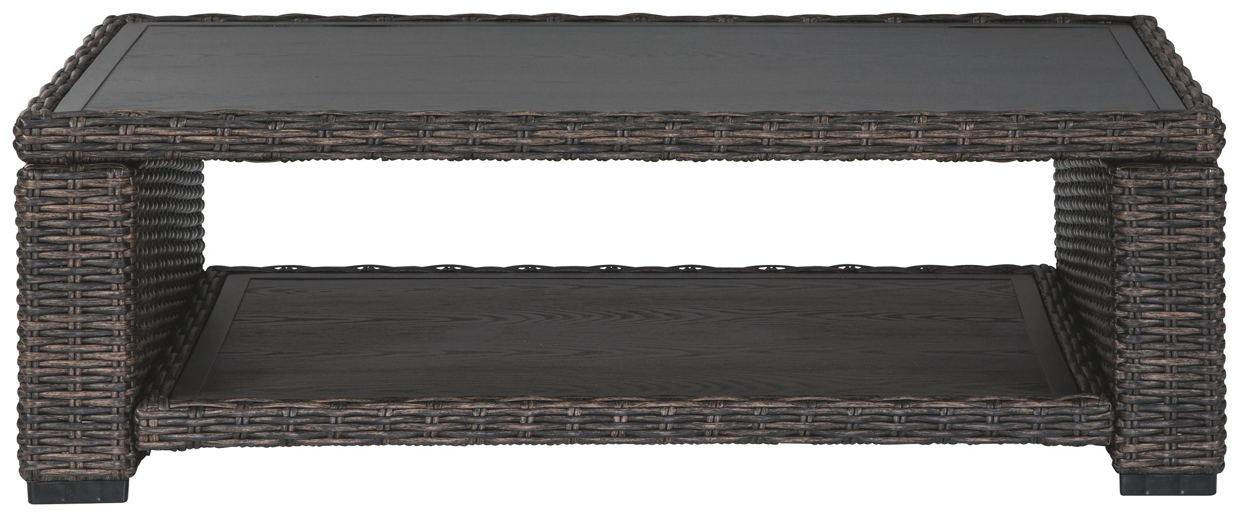 Rectangular brown wicker cocktail table with open frame and black tabletop