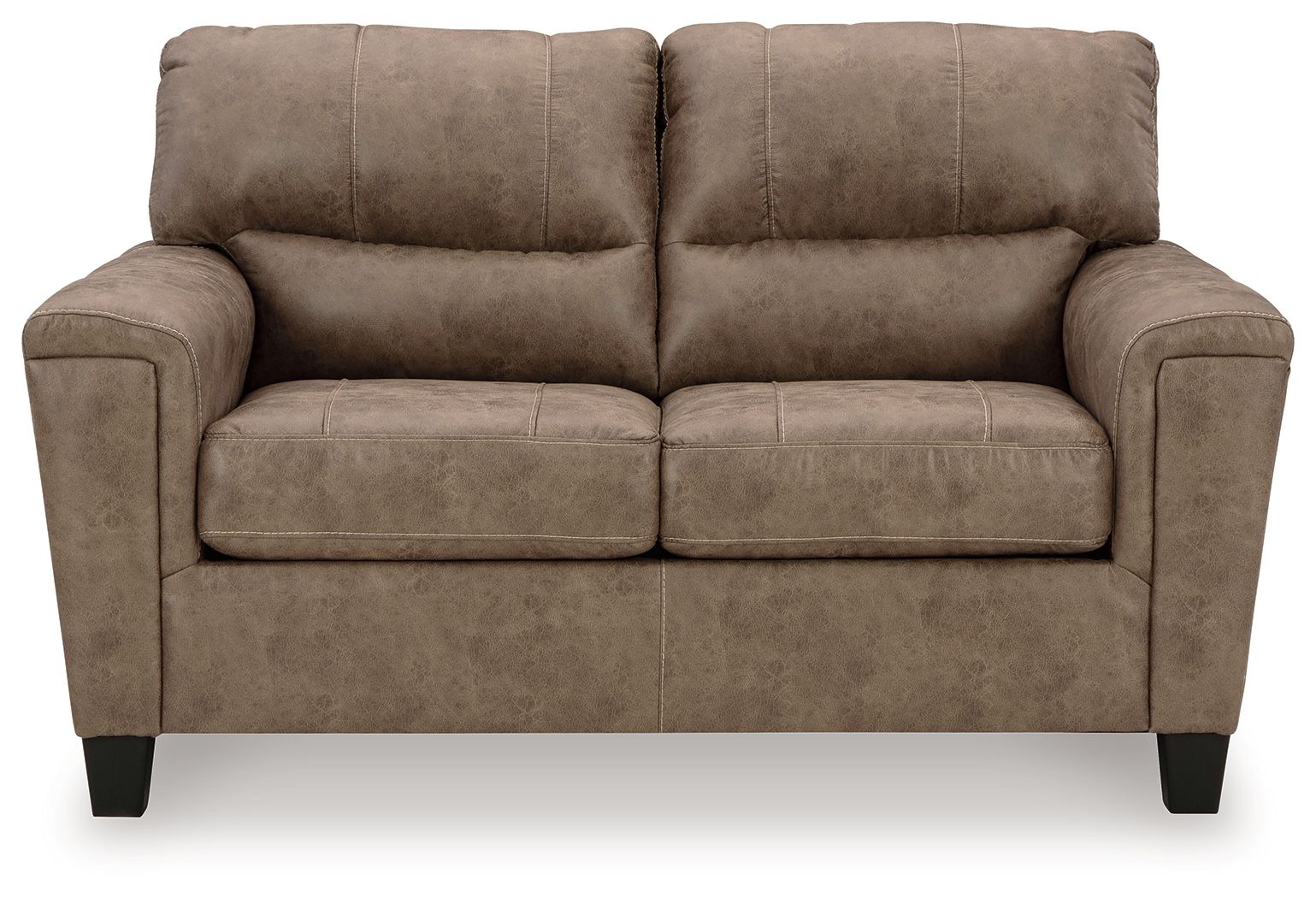 Taupe upholstered loveseat with tufted back, padded square arms, and two seat cushions
