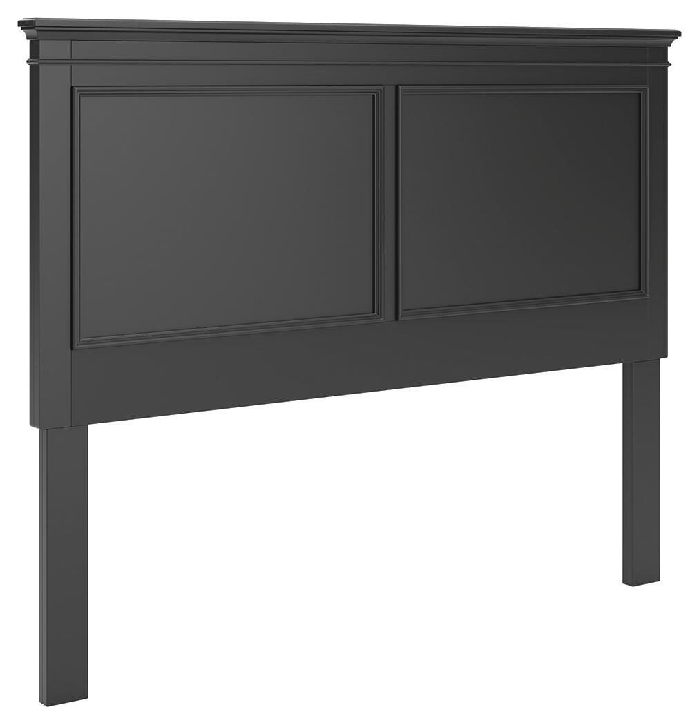 Black panel headboard with two recessed panels and raised trim, four tapered legs.