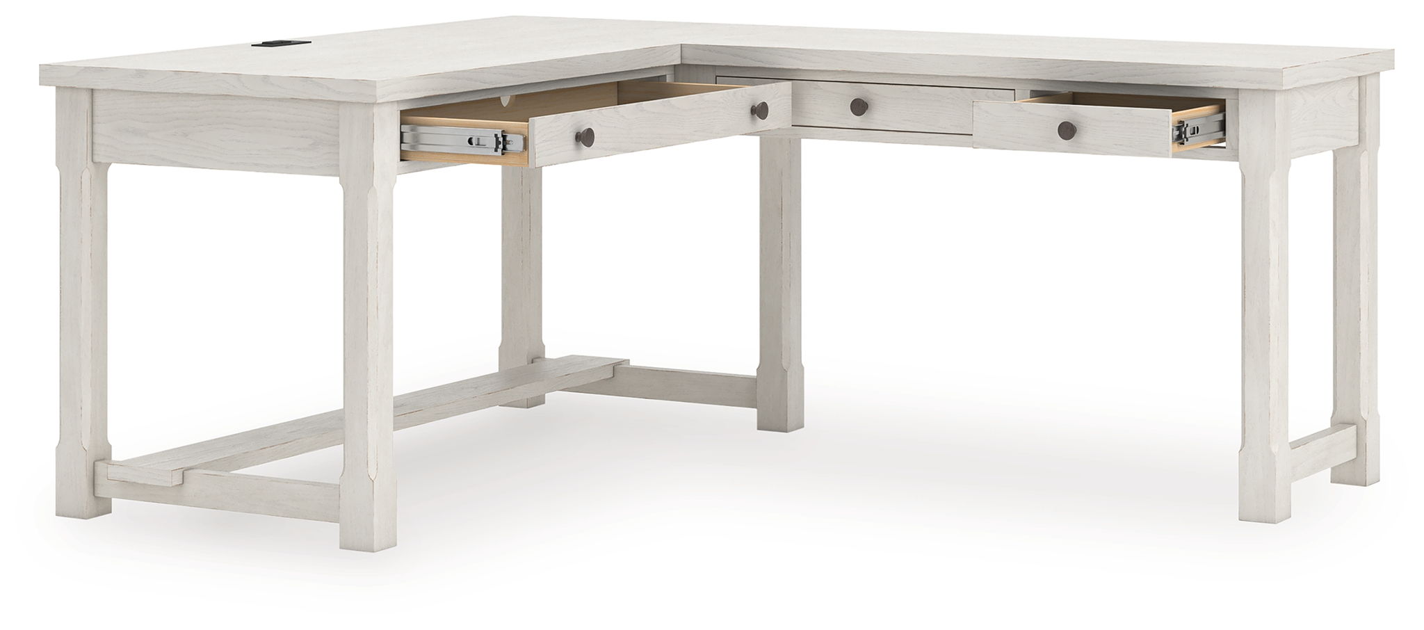 White home office desk with drawers across the front and open lower shelf