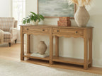 Light brown console sofa table with two drawers and open shelf, styled with decor