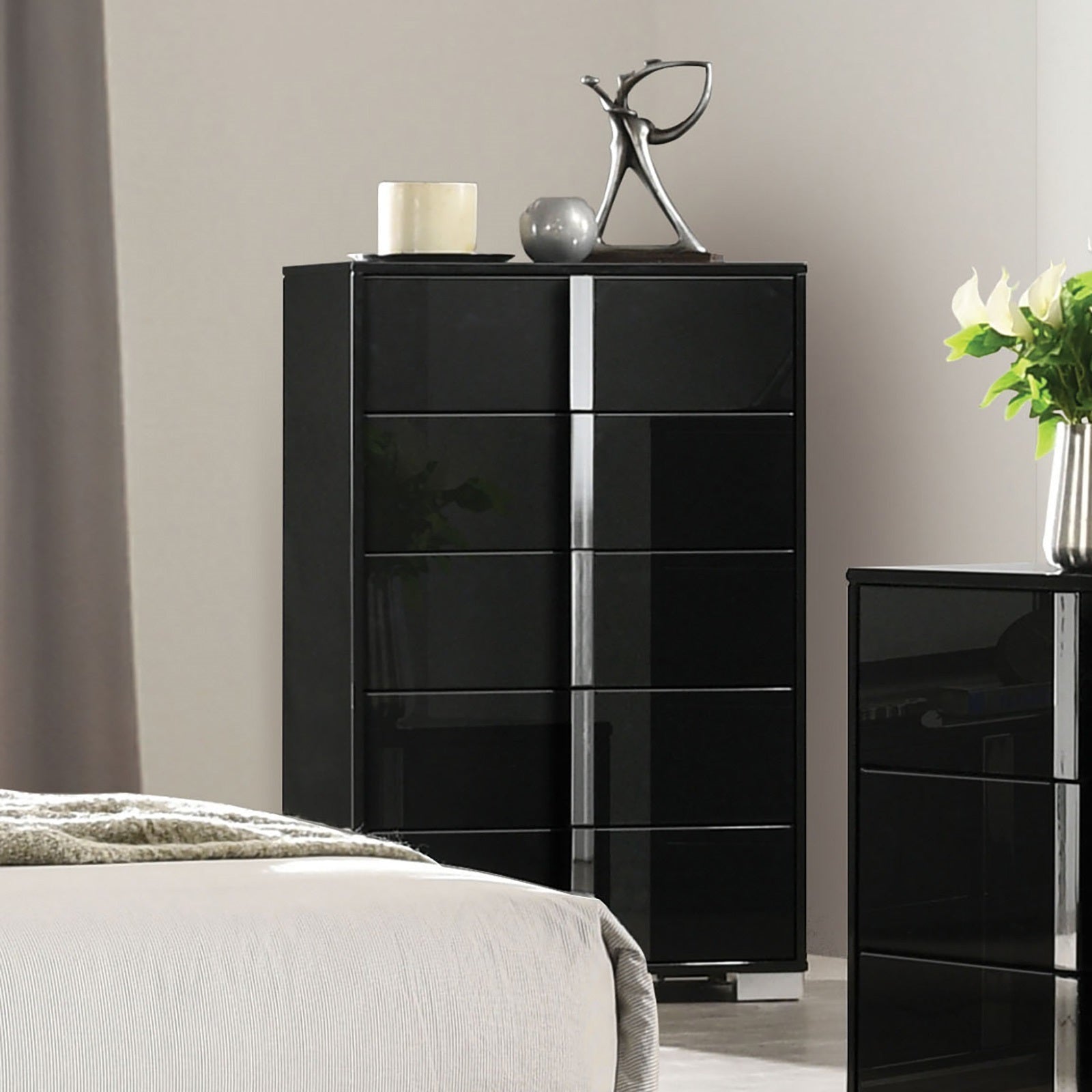 Black Contemporary Bedroom Chest | UV Finish, Chrome Handles