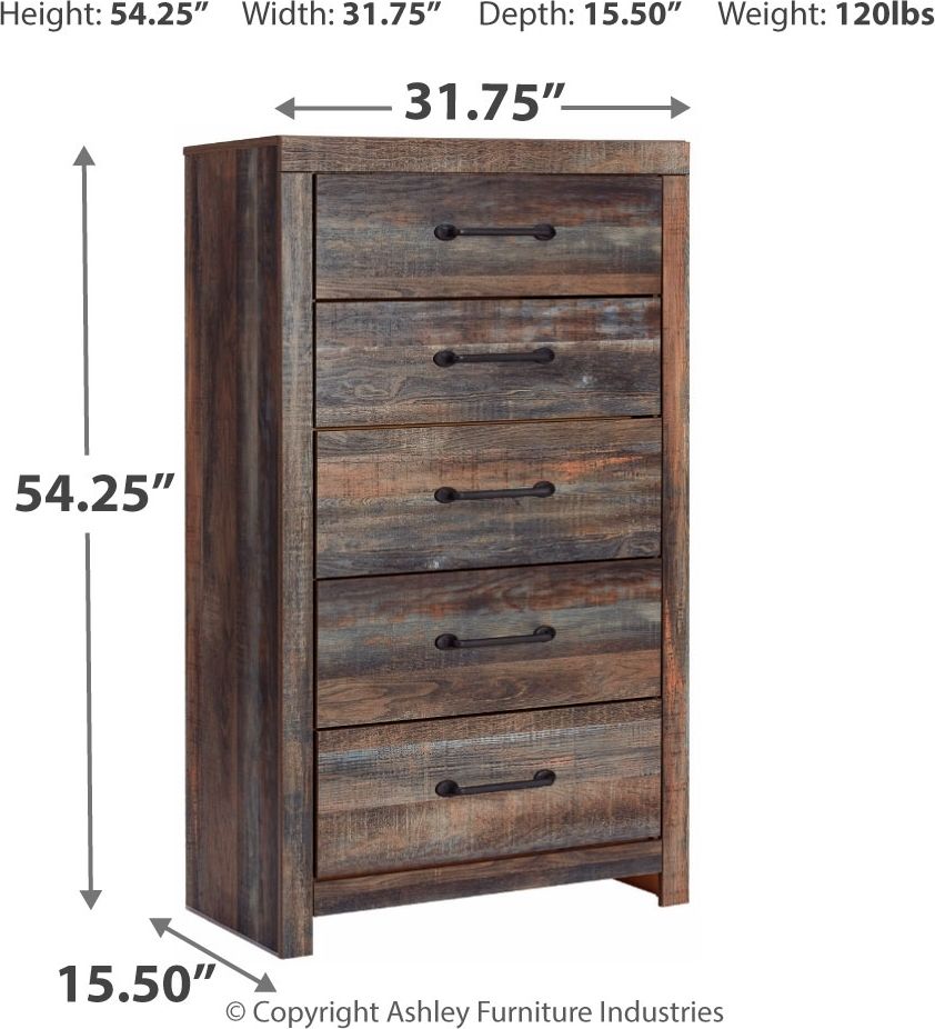 Rustic dark wood chest of drawers with four drawers and metal bar pulls, tall cabinet