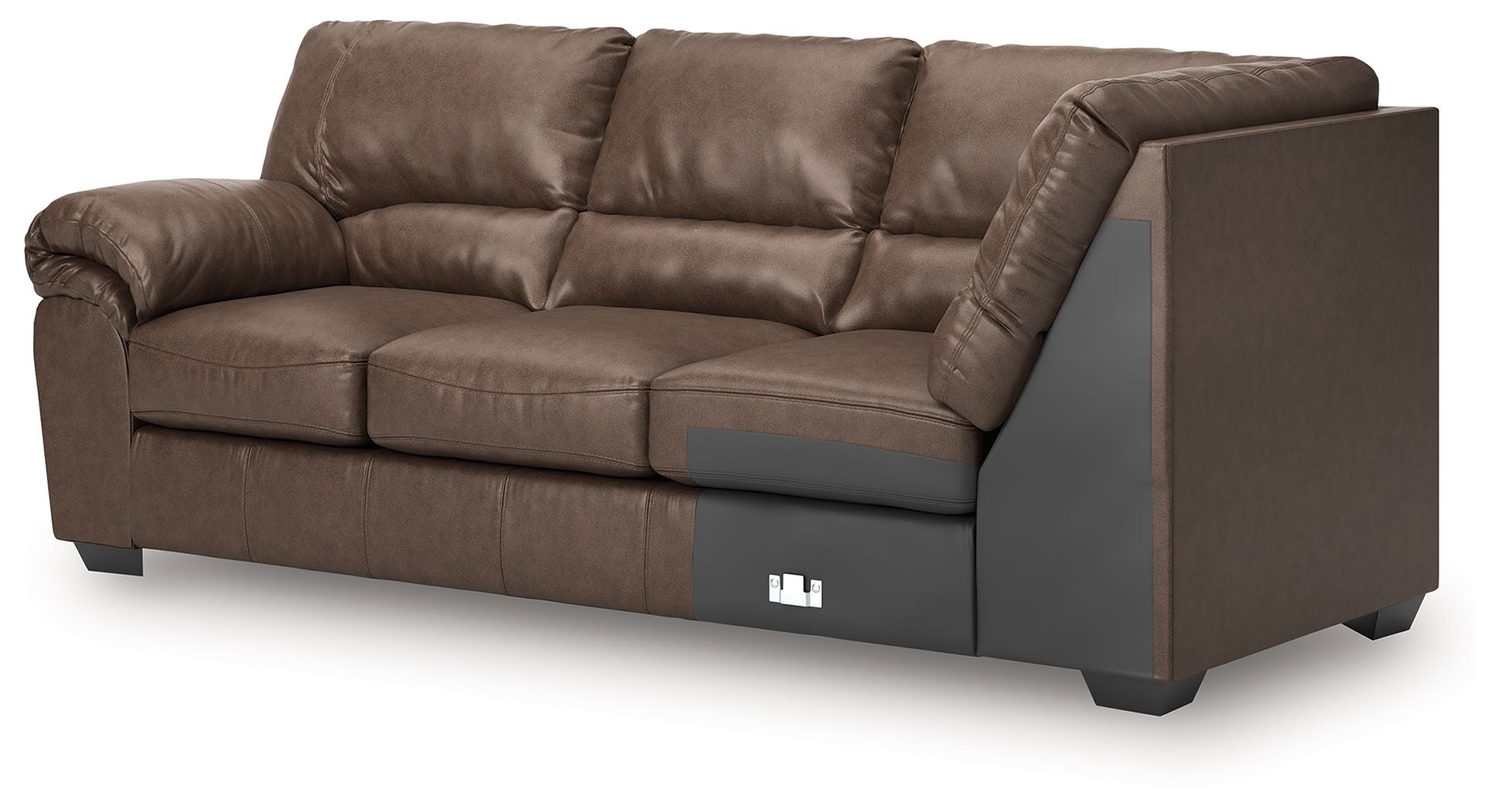 Umber sofa with corner wedge, side profile with boxy arms and legs