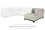 Right-arm facing corner chaise segment in stone fabric with dark base and throw pillow