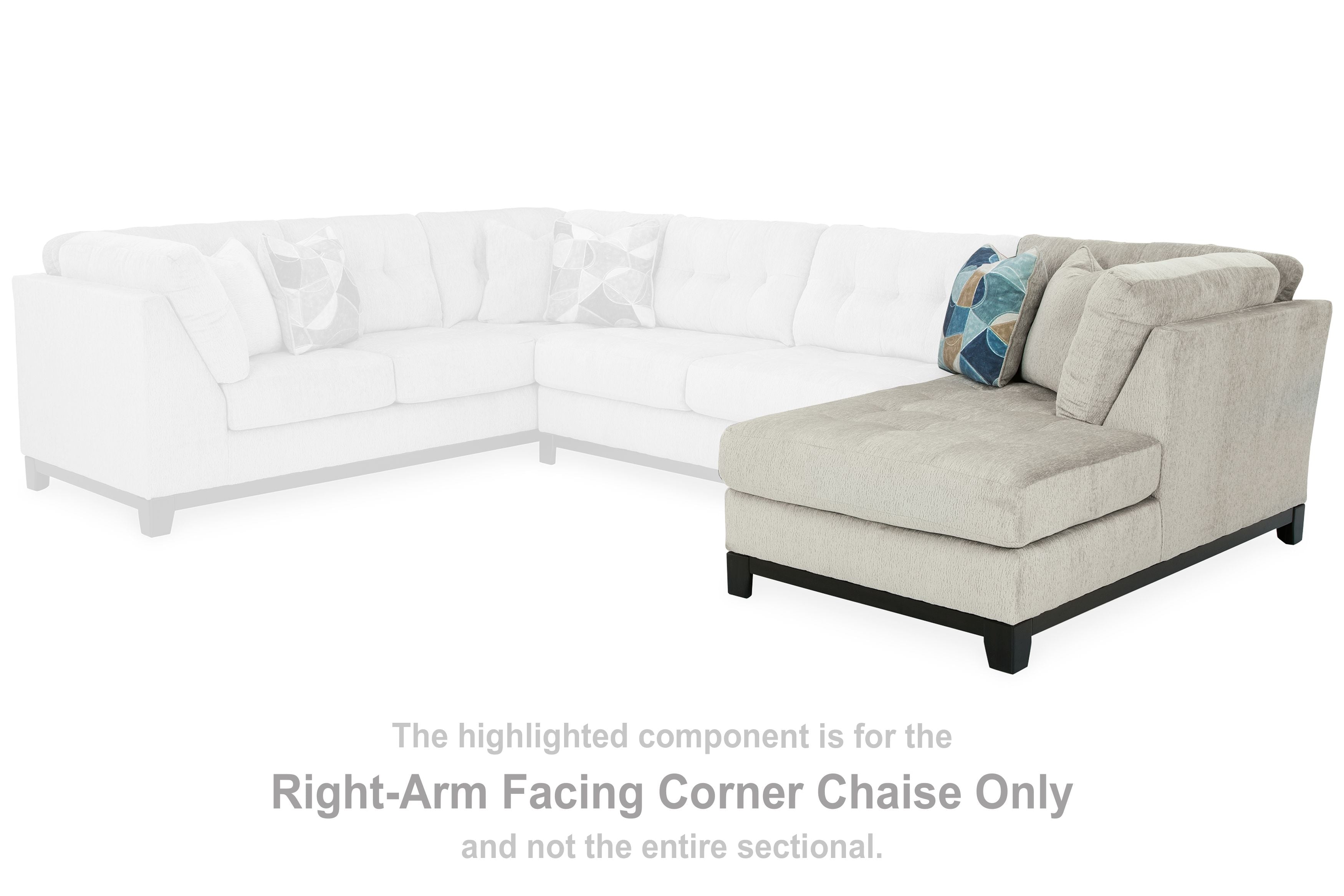 Right-arm facing corner chaise segment in stone fabric with dark base and throw pillow