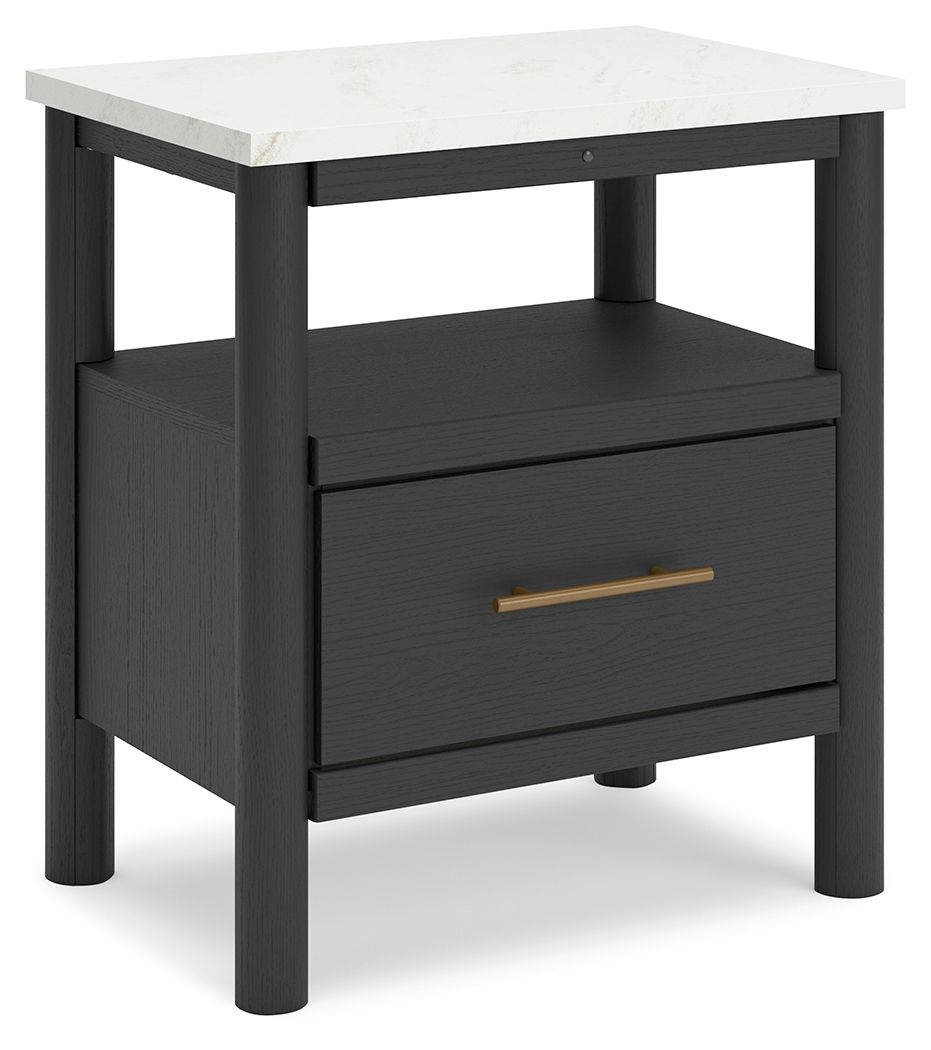 Black one-drawer night stand with open shelf and light wood bar handle