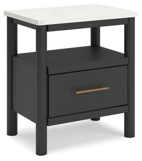 Black one-drawer night stand with open shelf and light wood bar handle