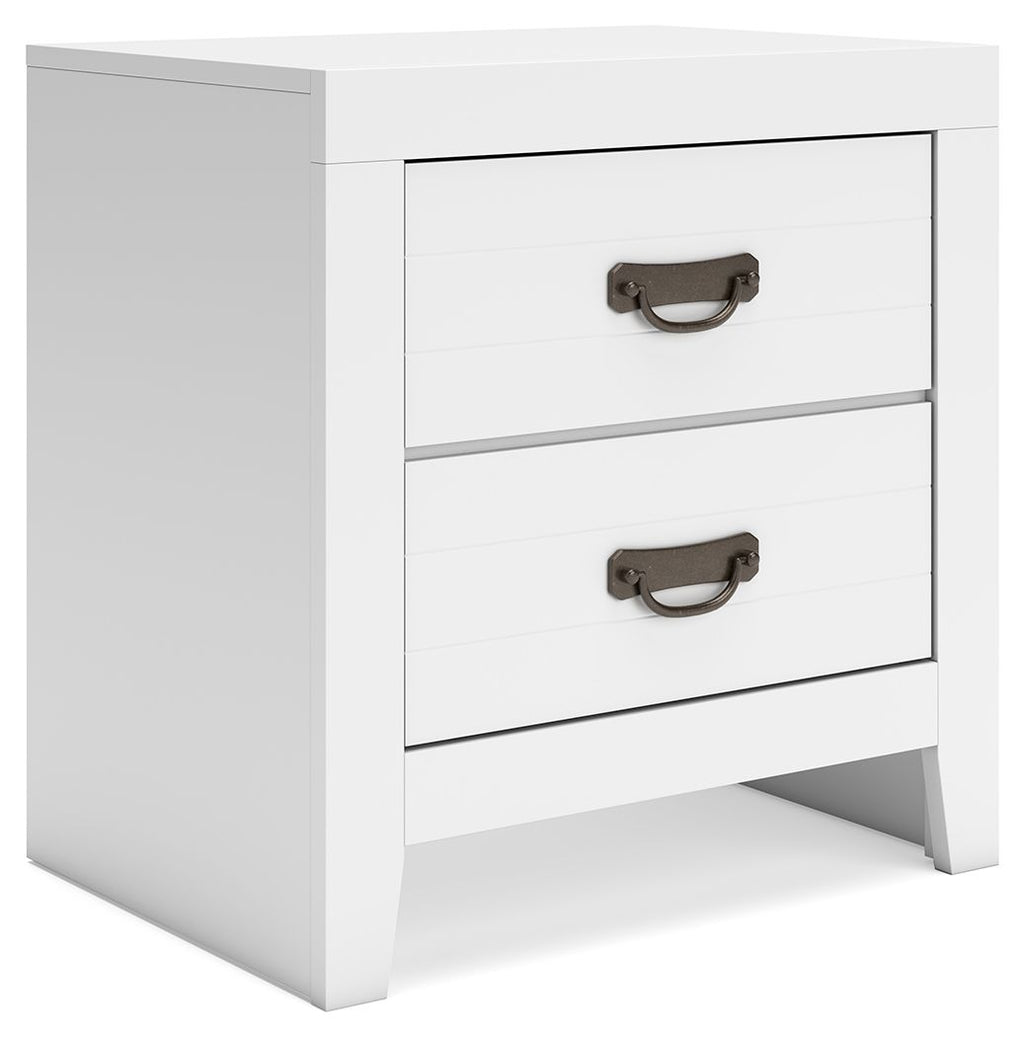 White two-drawer night stand with curved bronze pulls and flat top