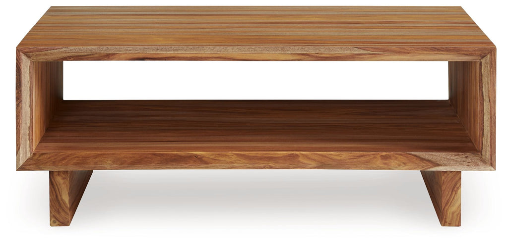 Brown rectangular cocktail table with open shelf and front panel