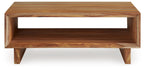 Brown rectangular cocktail table with open shelf and front panel