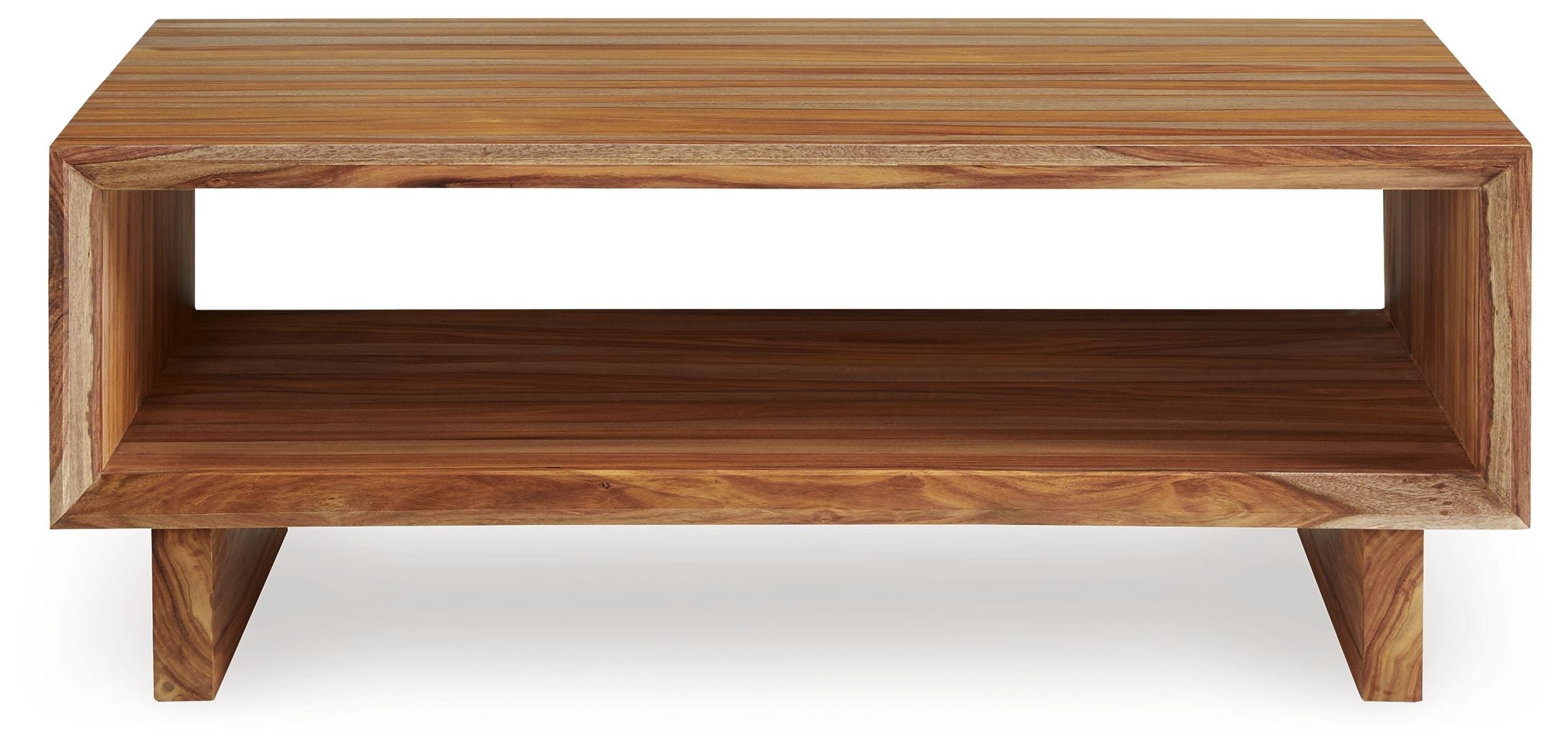 Brown rectangular cocktail table with open shelf and front panel
