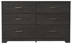 Charcoal dresser front with six drawers and metal bar pulls
