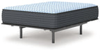 Blue plush mattress with quilted top, dark gray sides, standing on metal legs