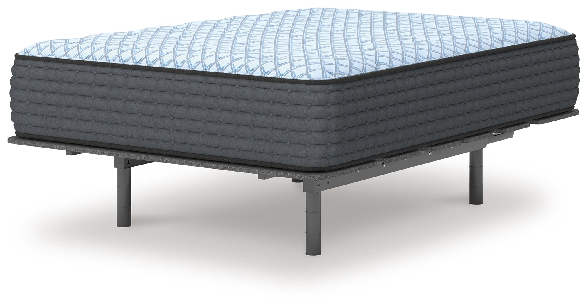 Blue plush mattress with quilted top, dark gray sides, standing on metal legs