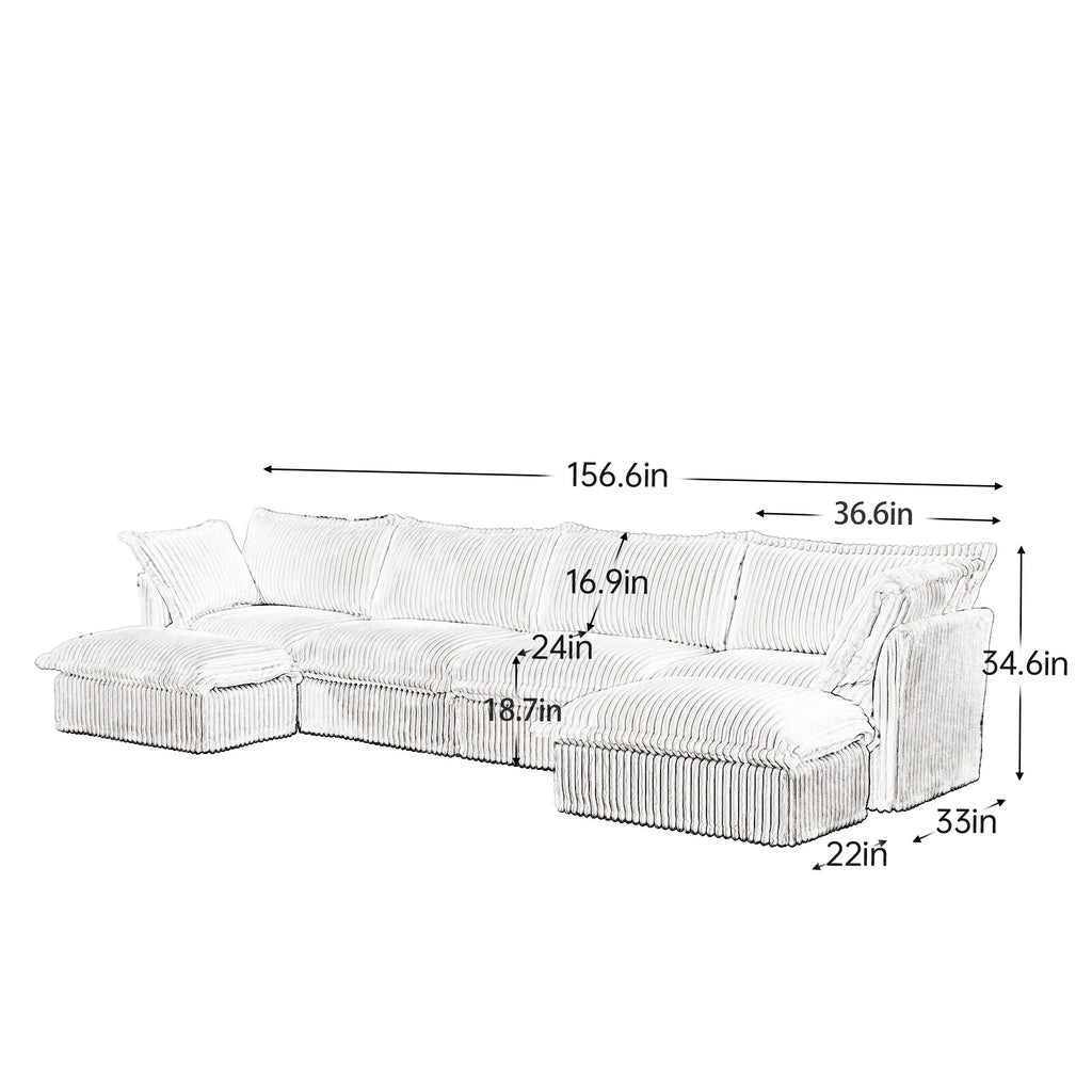 White corduroy sectional sofa with chaise extension; includes size measurements
