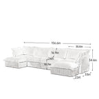 White corduroy sectional sofa with chaise extension; includes size measurements