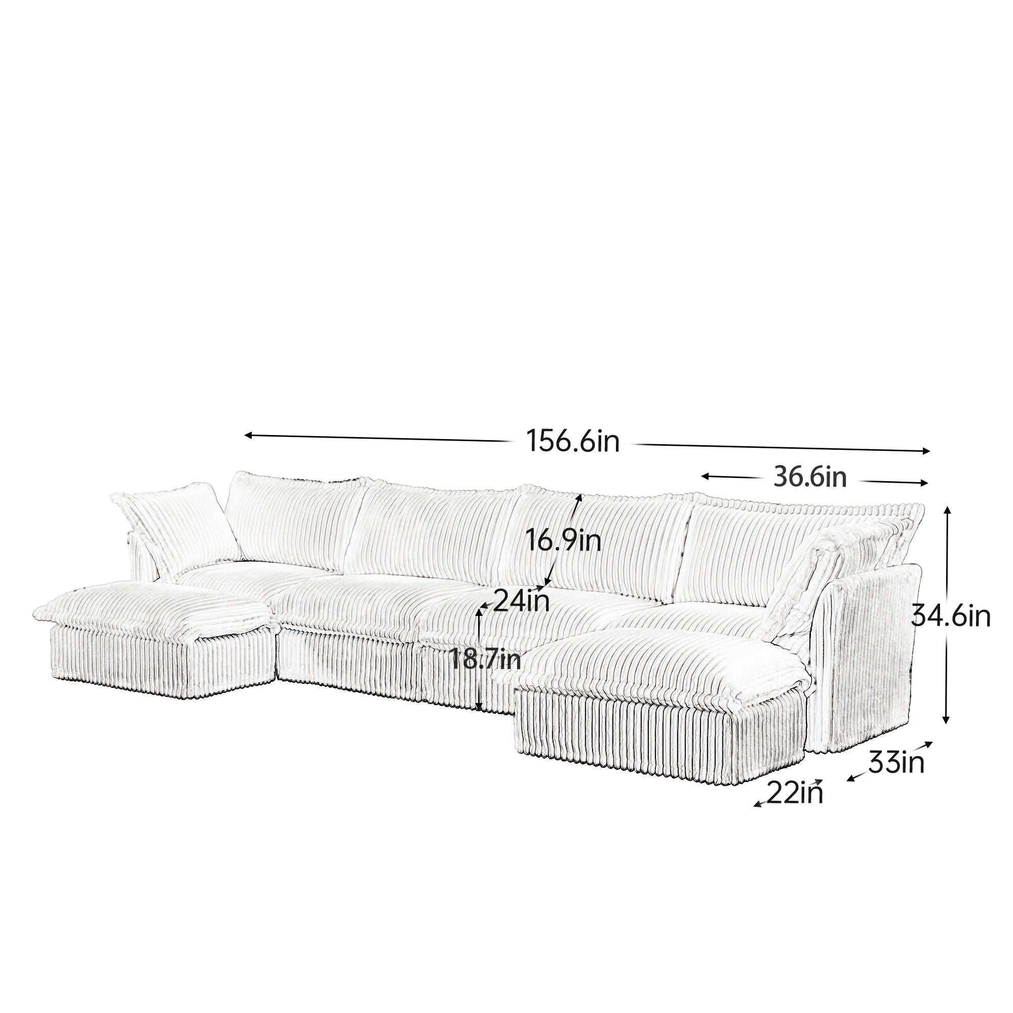 White corduroy sectional sofa with chaise extension; includes size measurements