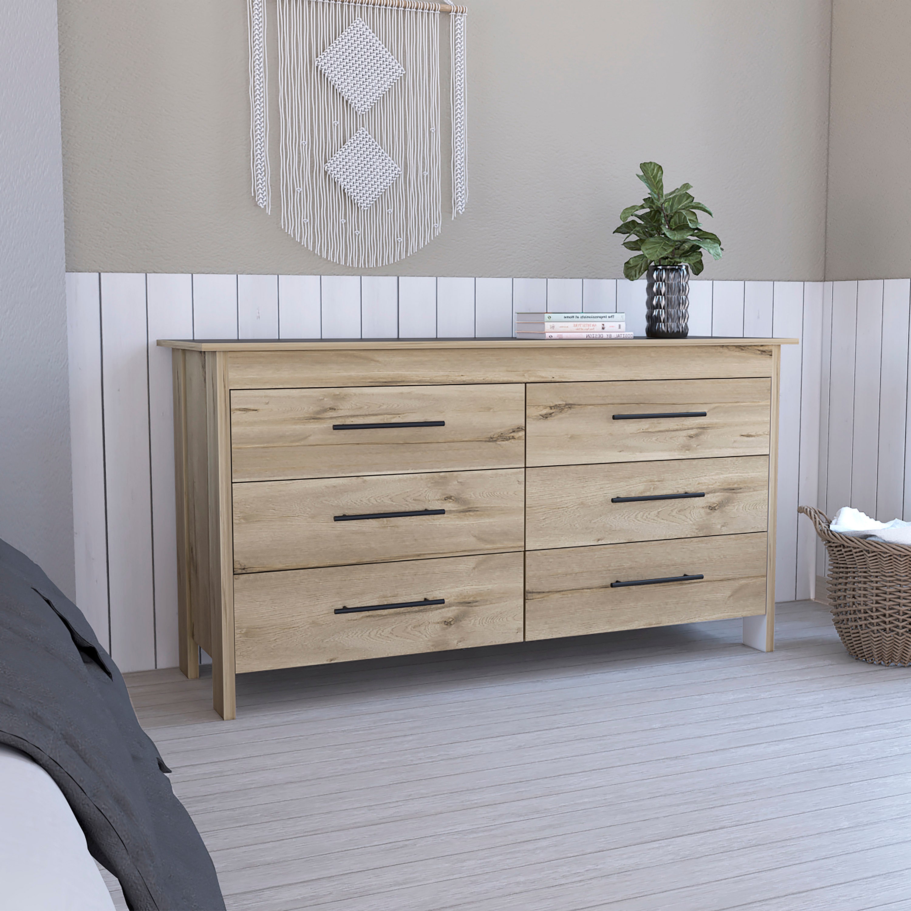 Southington 6-Drawer Light Oak White Dresser