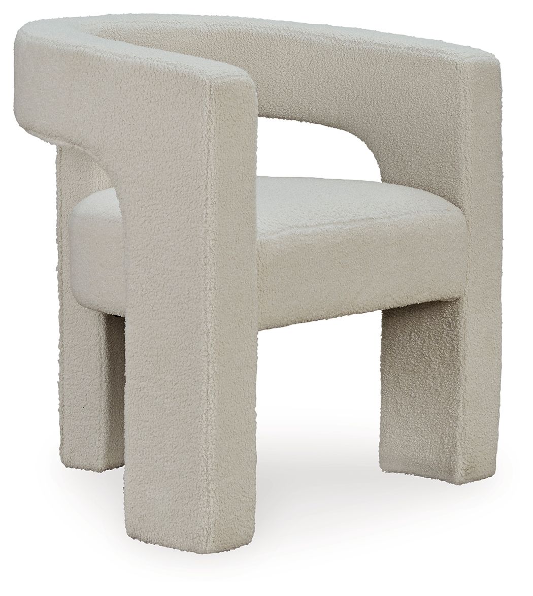 Beige upholstered accent chair with thick rounded arms and square block legs