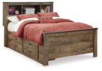 Bookcase bed with dark brown wood frame, open shelves, two side storage drawers