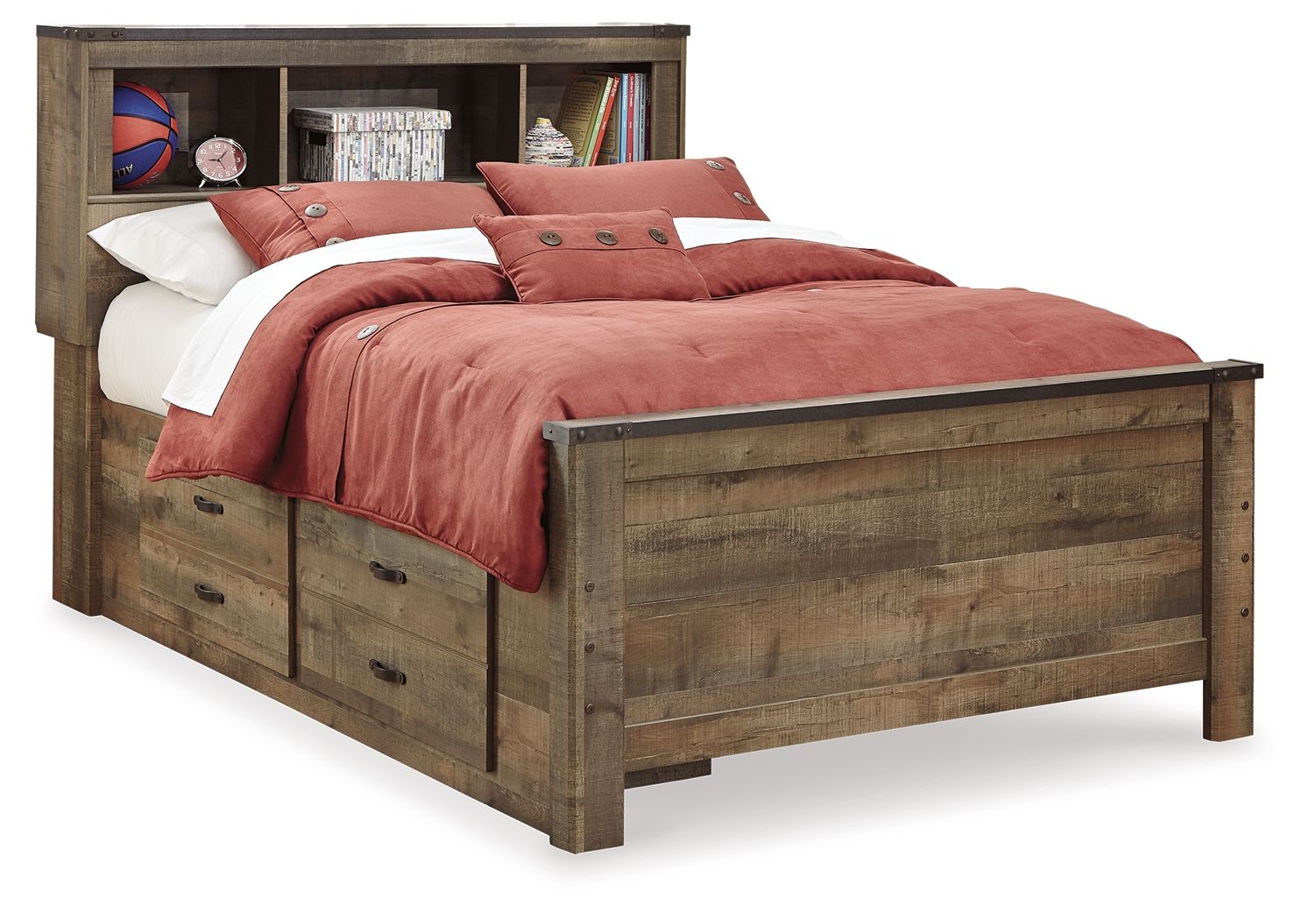 Bookcase bed with dark brown wood frame, open shelves, two side storage drawers