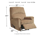 Tan fabric recliner chair with extended footrest and padded armrest