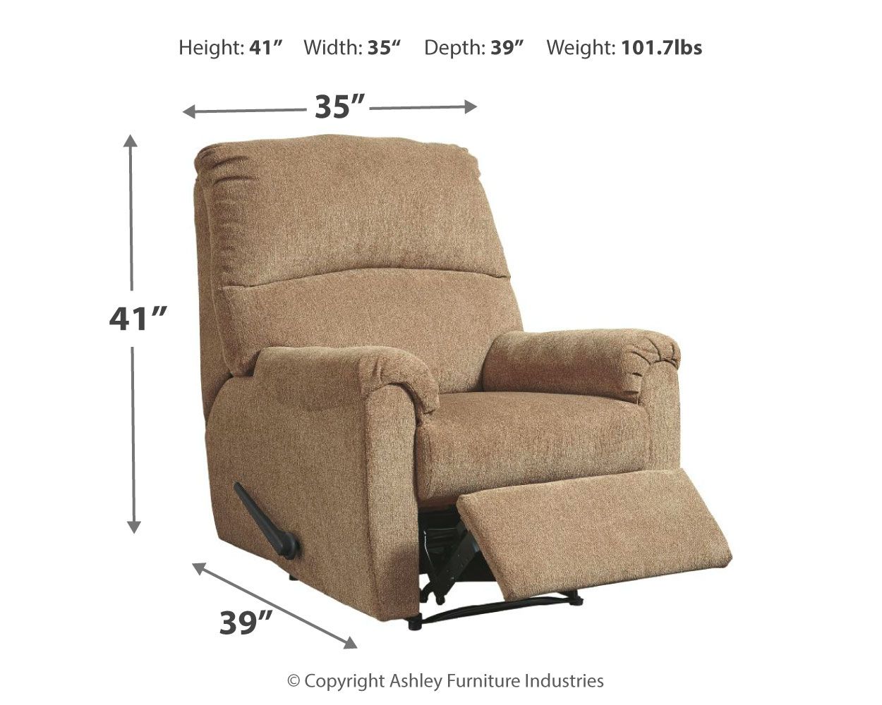 Tan fabric recliner chair with extended footrest and padded armrest