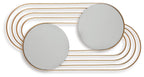 Gold-finish accent wall mirror with two round mirrors and layered horizontal metal bars