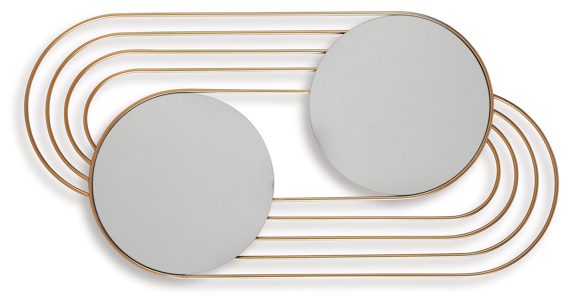 Gold-finish accent wall mirror with two round mirrors and layered horizontal metal bars