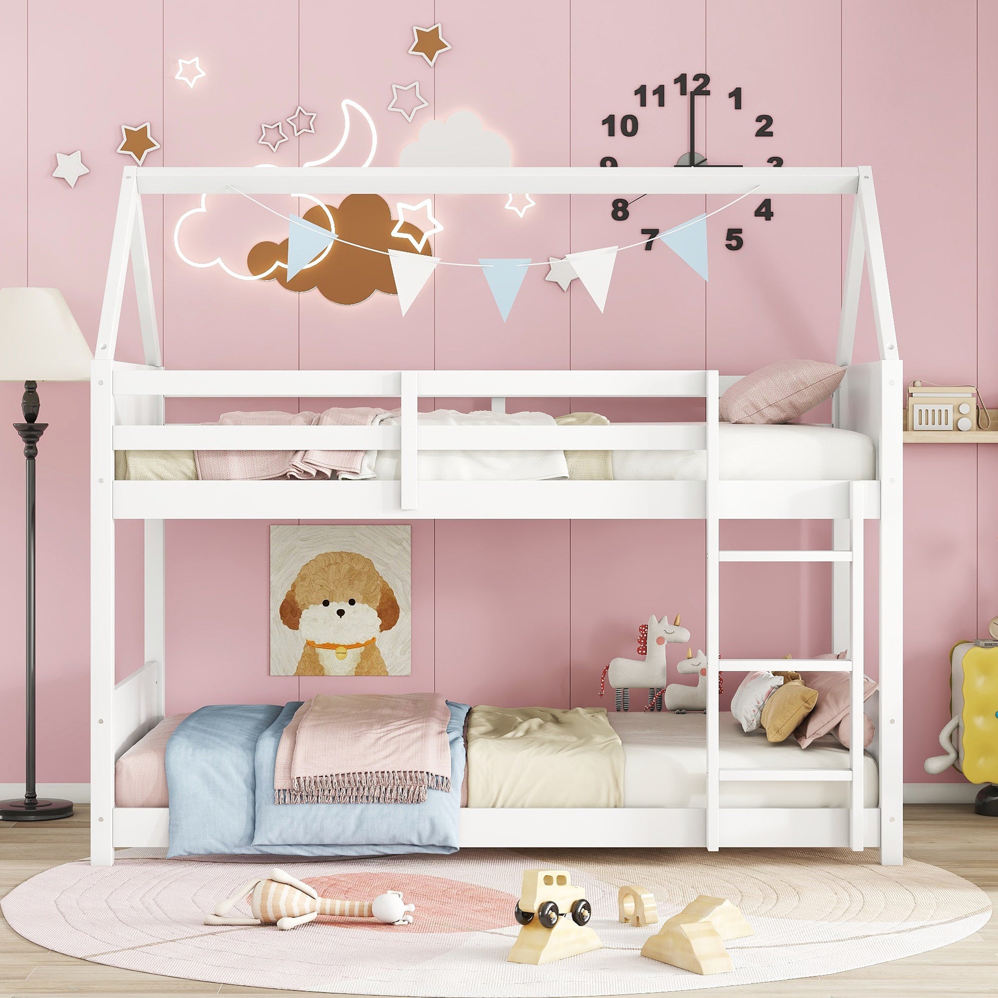 White Twin Over Twin House Floor Bunk Bed with Ladder, Guardrails