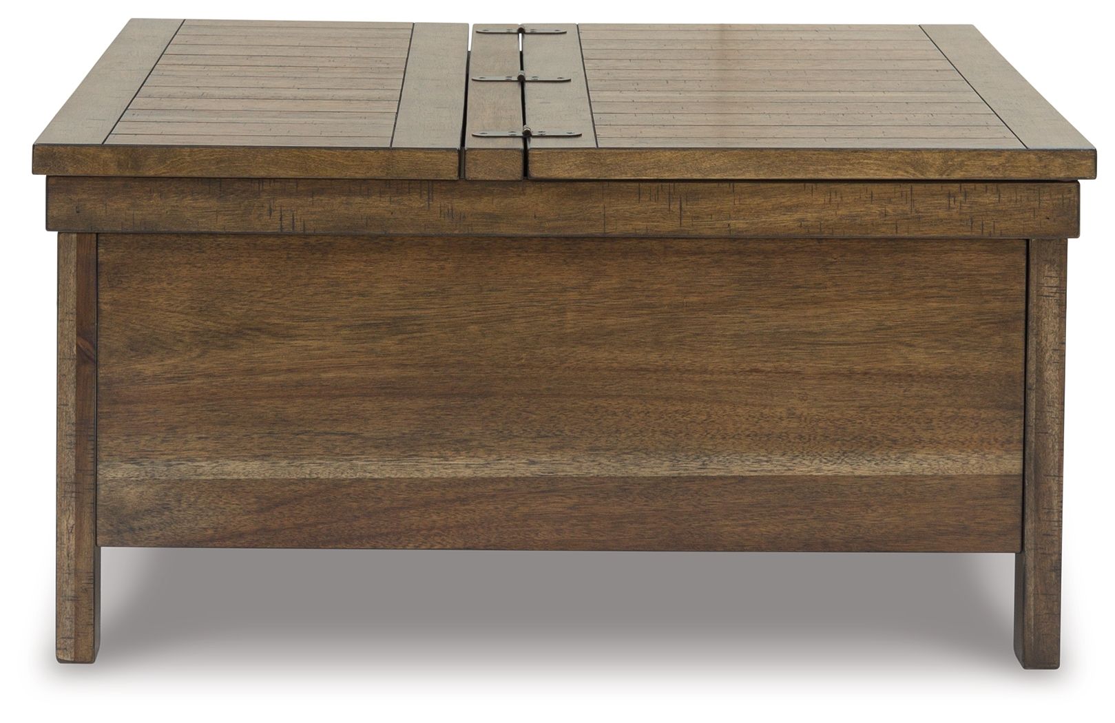 Grayish-brown wood lift-top cocktail table with hinged top and open center hinge bar