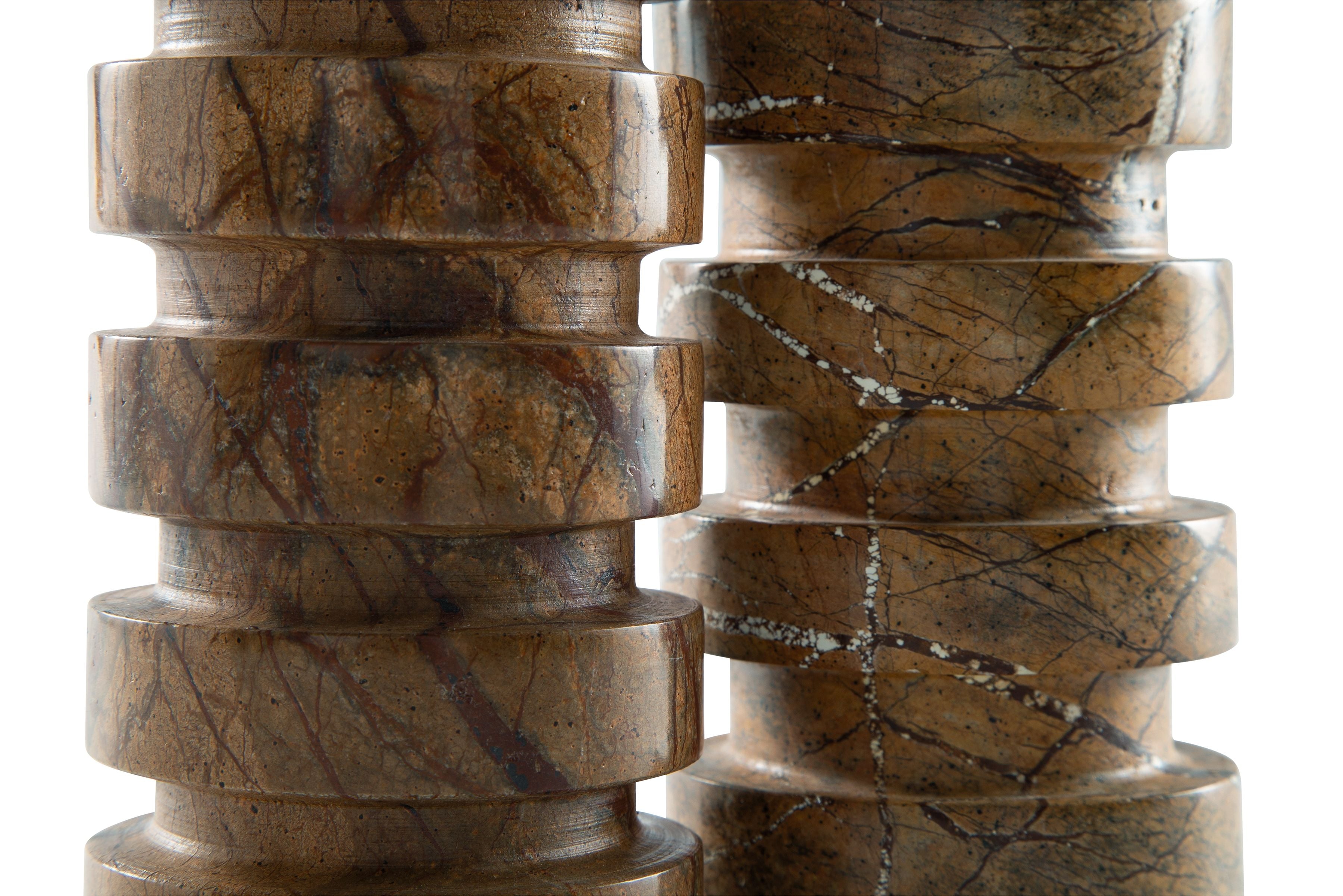 Tan marble candle holder set detail, stacked rings with crackle veining