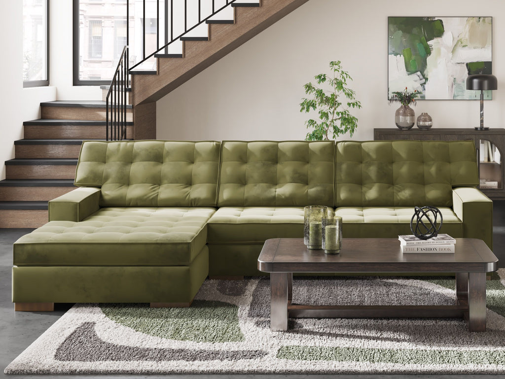 Olive green chaise sectional with tufted back cushions and deep seat ottoman