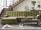 Olive green chaise sectional with tufted back cushions and deep seat ottoman
