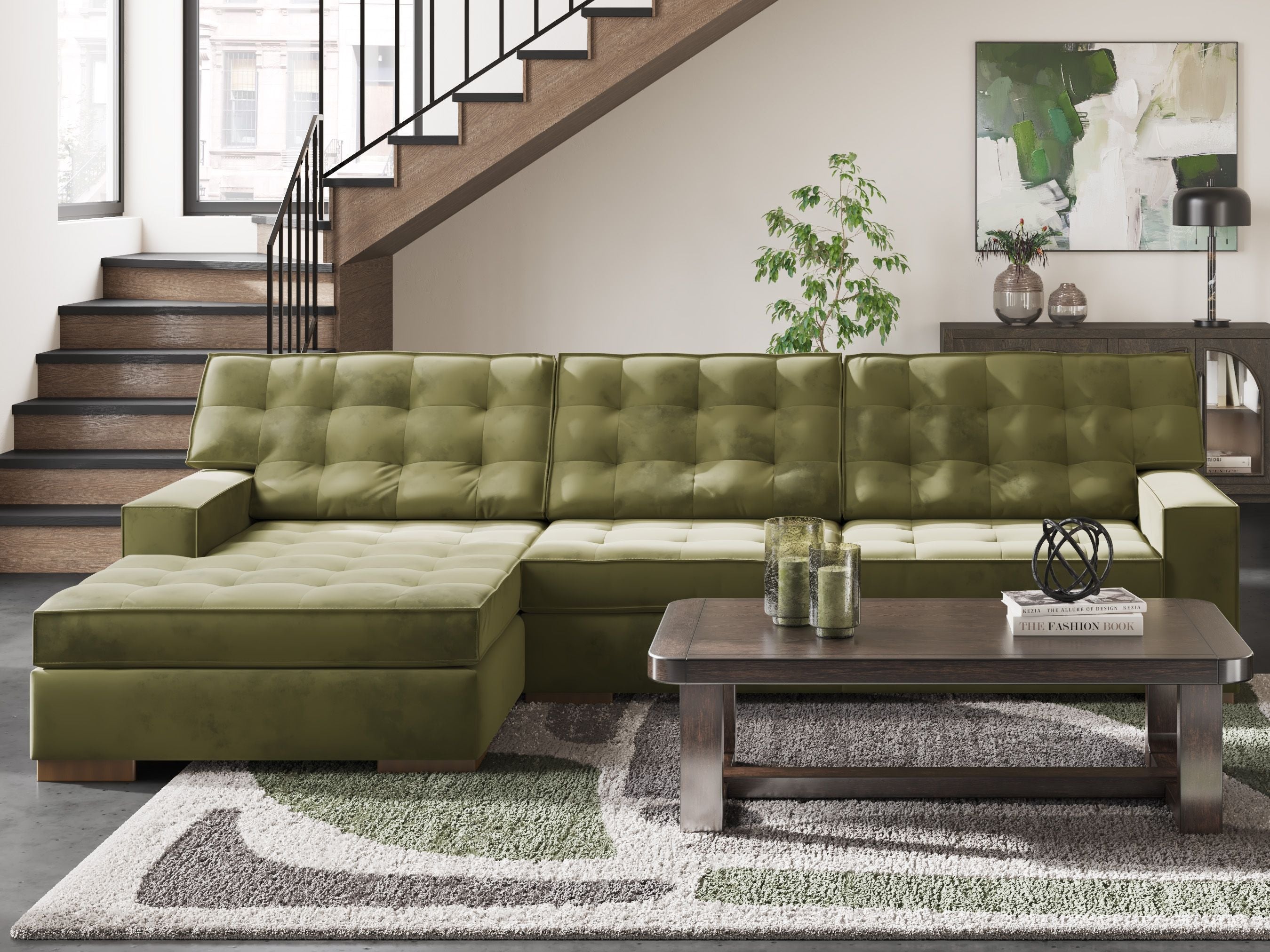 Olive green chaise sectional with tufted back cushions and deep seat ottoman